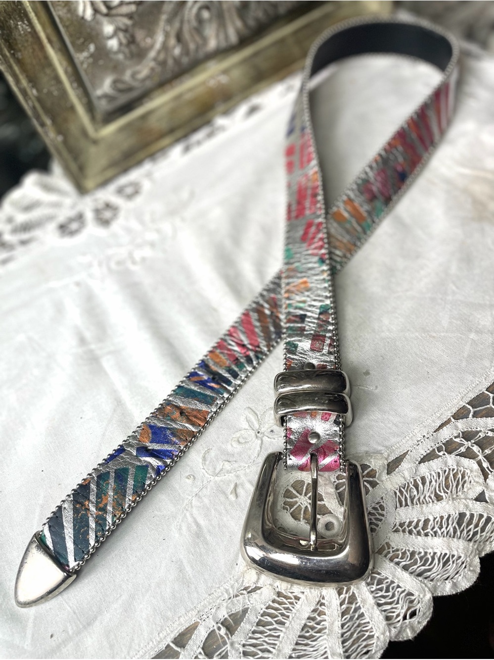 Vintage Silver colors metallic leather belt S/M